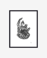 HAND illustration i blæk med ramme - 40x30 cm - sort/hvid