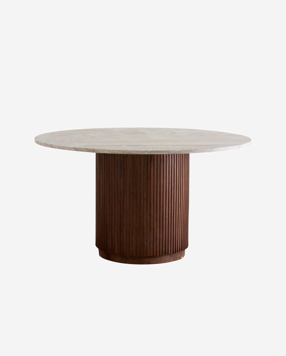 ERIE rundt spisebord i mørk træ og marmor - ø140 cm - råhvid, brun, beige