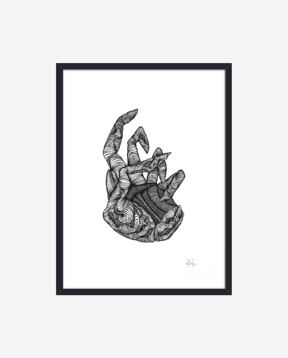 HAND illustration i blæk med ramme - 40x30 cm - sort/hvid